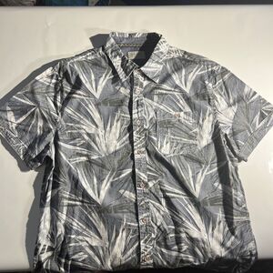 Jachs NY Mens Large Leaf Print Navy Blue Short Sleeve Button Down Dress Shirt LG